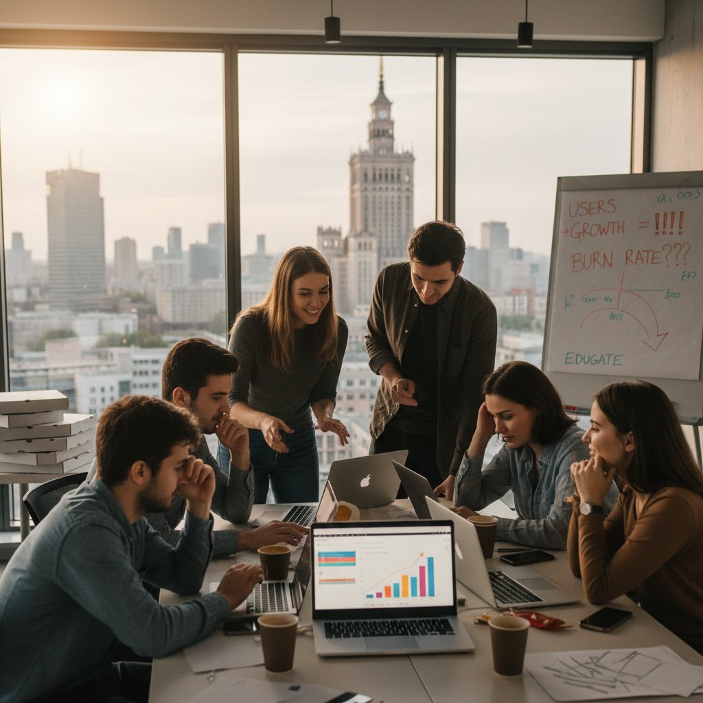 Zespół startupu edukacyjnego analizujący wyniki na laptopie w warszawskim biurze, dynamiczna scena sukcesu i porażki