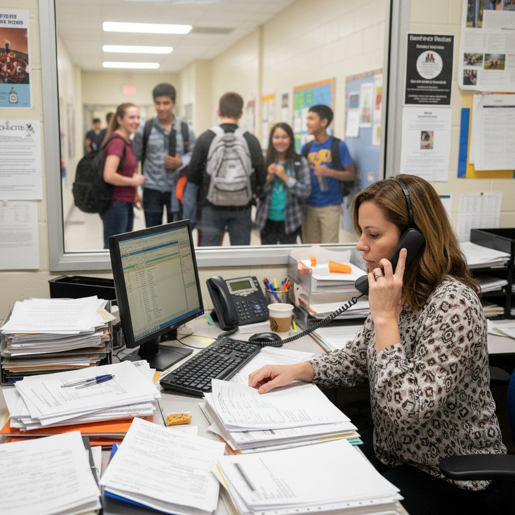 Education clerk sorting paperwork while answering a phone in a busy school office