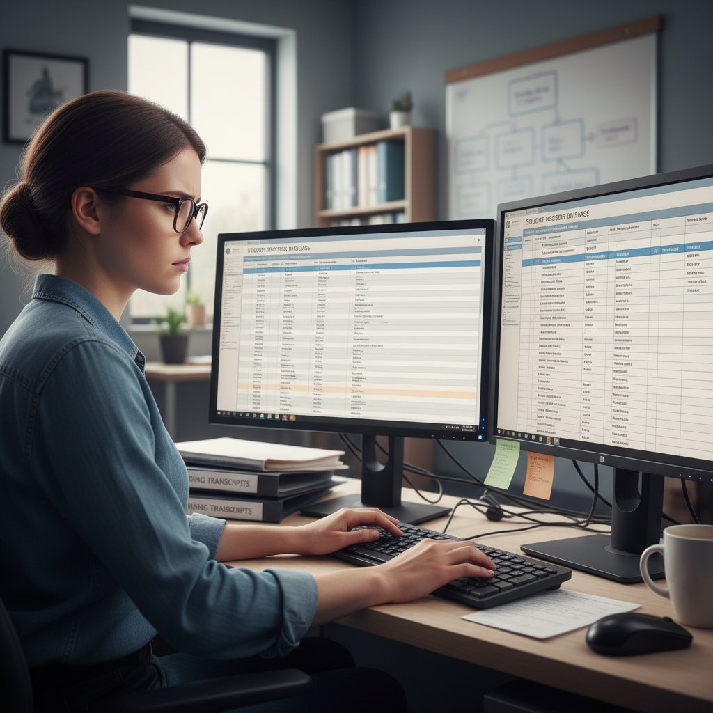 Close-up of education clerk’s hands updating student records on a computer system