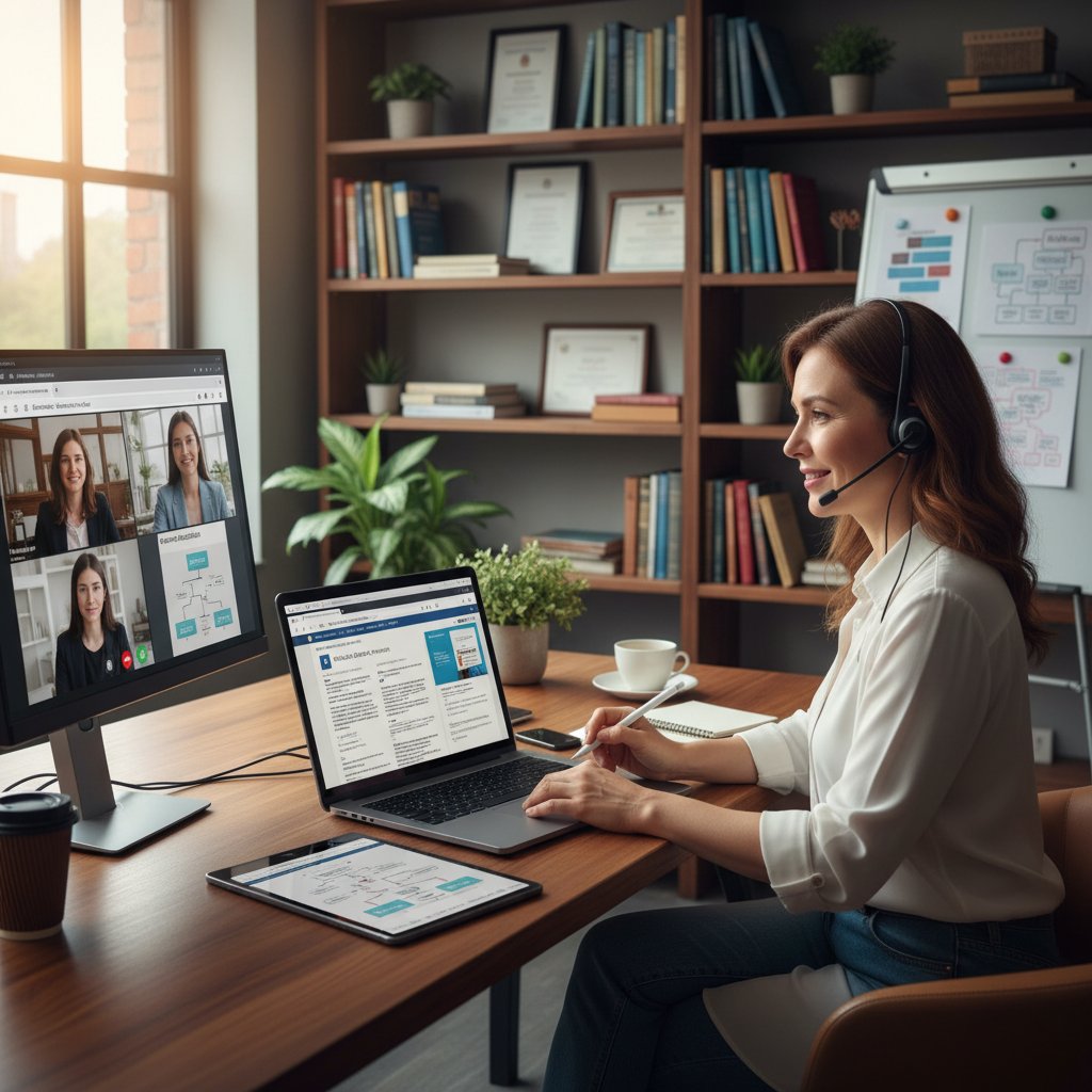 Ekspert edukacyjny tworzy zadania WOS, otwarte podręczniki, laptop, konsultacje online