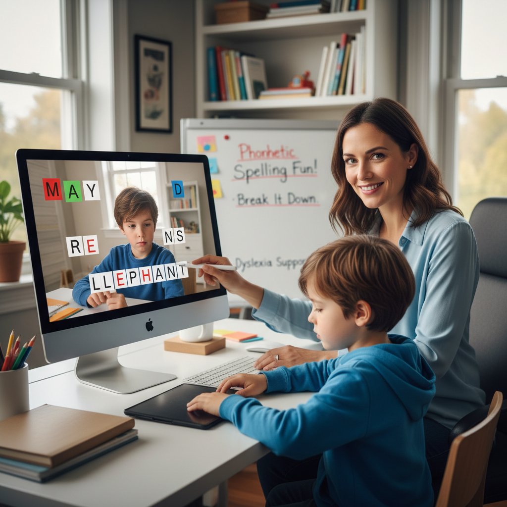 Ekspert edukacyjny prowadzący lekcję online z dzieckiem z dysortografią