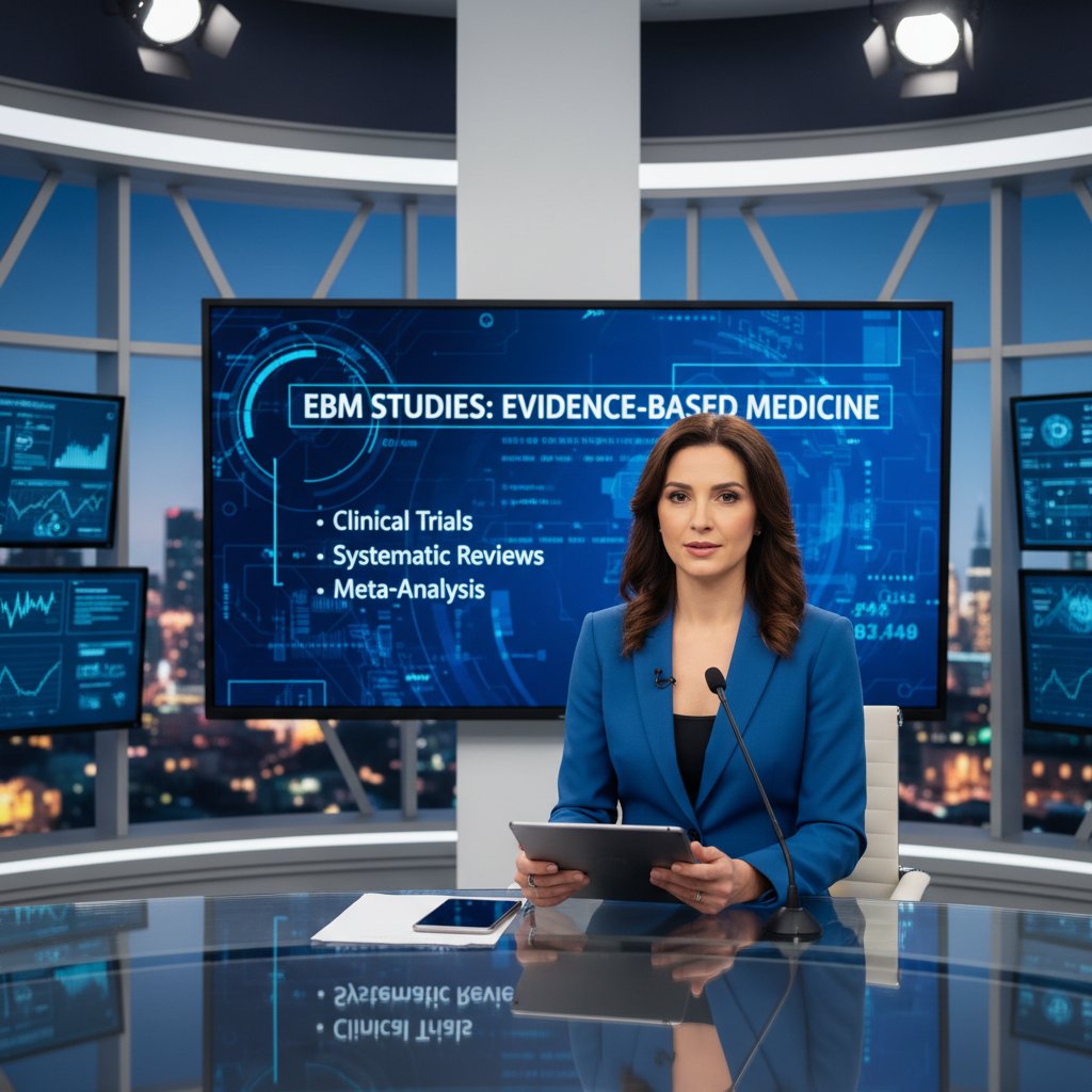 Dziennikarz edukacyjny analizujący badania EBM przed kamerą w studiu telewizyjnym