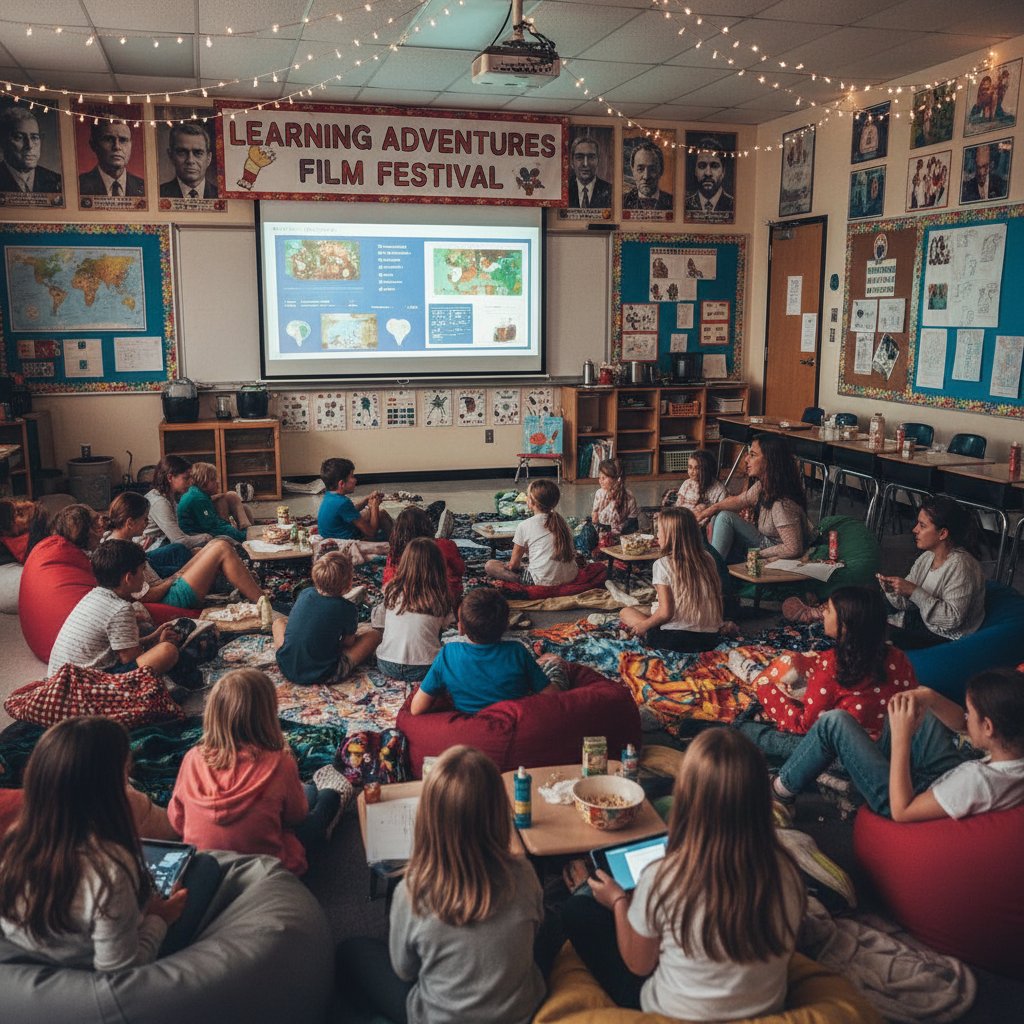 Educational movie watch party in progress, classroom, community group, learning atmosphere, engaged viewers