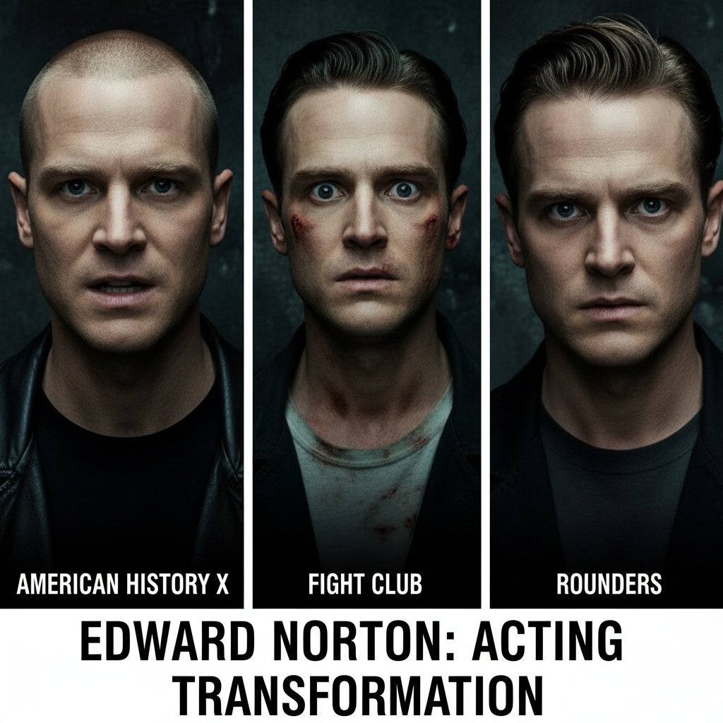 Edward Norton in mid-character shift, intense close-up, keywords: edward norton movies, acting transformation, intense expression