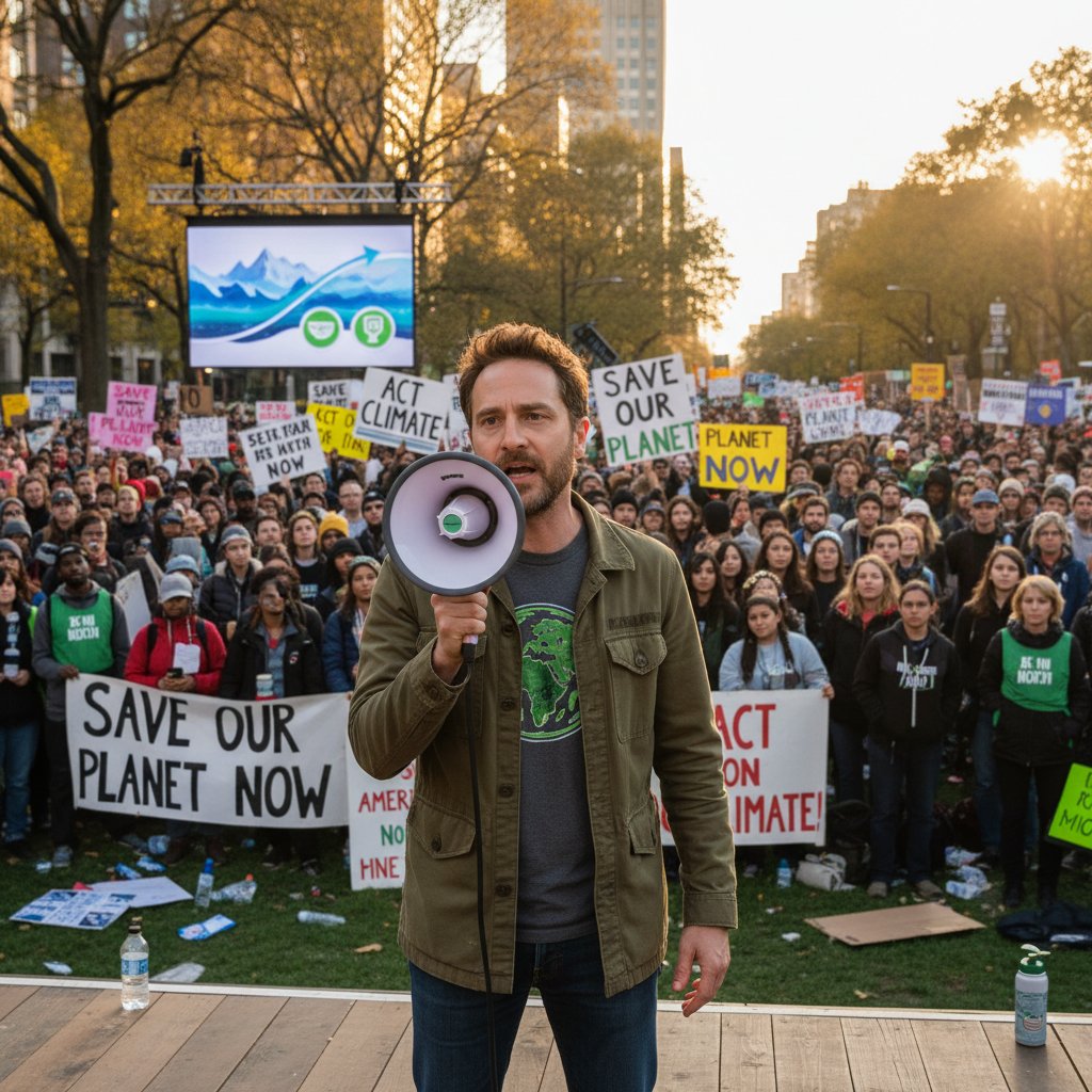 Edward Norton speaking at environmental event, climate rally, megaphone in hand, keywords: edward norton movies, activism, climate rally