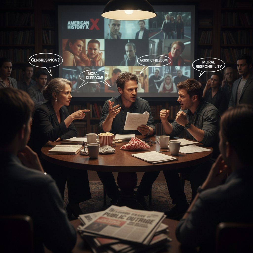 Edward Norton arguing with a director on a movie set, cinematic close-up, keywords: edward norton movies, film controversy, intense debate