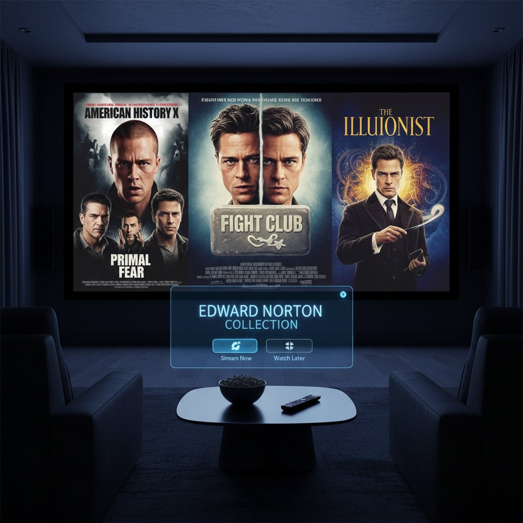 Watching Edward Norton movies at home, modern living room streaming setup, keywords: edward norton movies, film streaming, home cinema