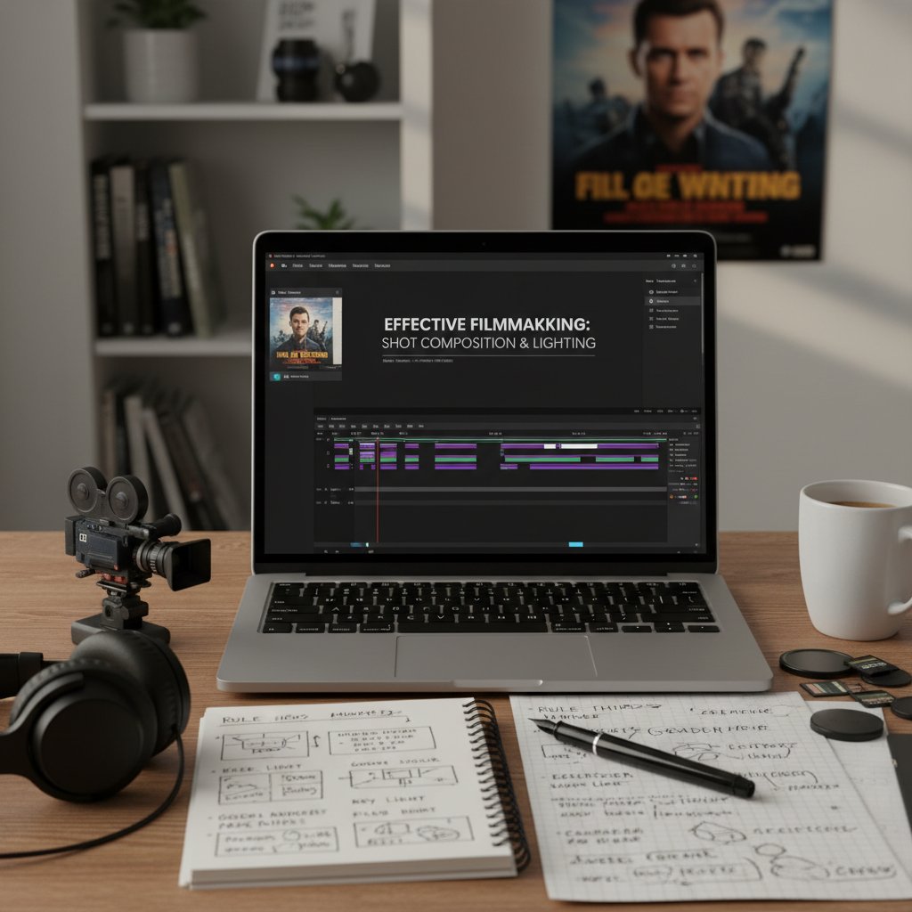 A close-up shot of a filmmaker following a step-by-step tutorial on a laptop, notepad beside them filled with ideas, illustrating the anatomy of an effective movie tutorial