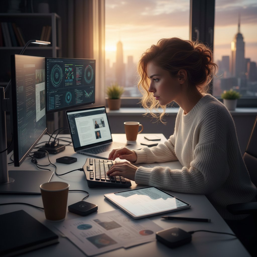 PhD student working efficiently, focused morning research routine, digital and analog tools in use