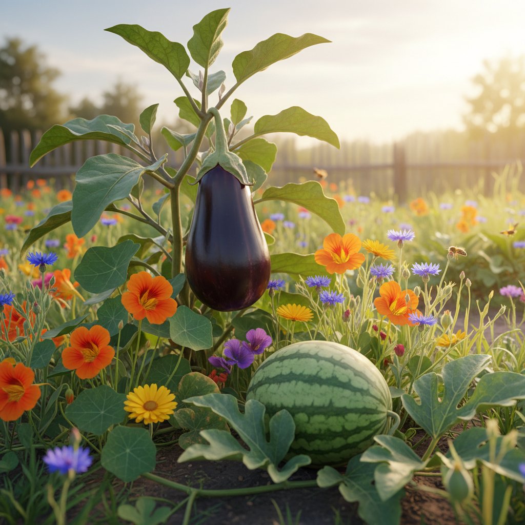 Zdjęcie ogrodu z bakłażanami i arbuzami, tło słoneczne, widoczne kwiaty jadalne