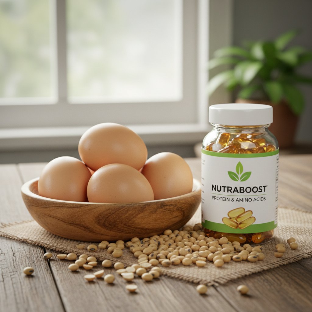 Talerz podzielony na jajka, soję i suplementy, symbolizujący źródła lecytyny