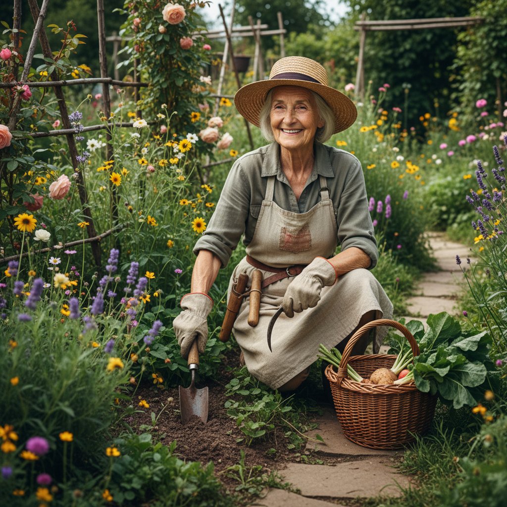 Starsza osoba wykorzystująca tradycyjne narzędzia ogrodnicze w naturalnym ogrodzie
