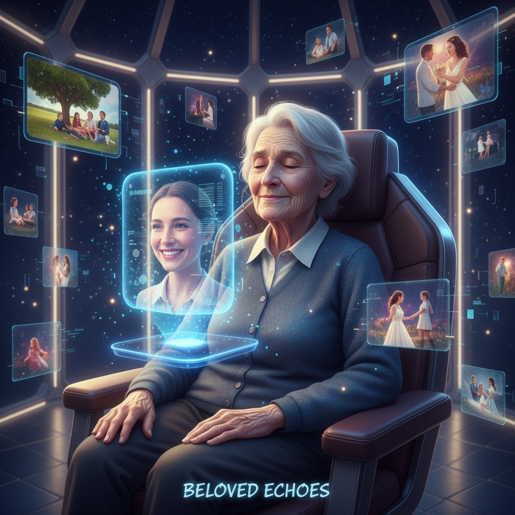 Elder using voice assistant to speak to digital recreation in a bittersweet digital memorial moment