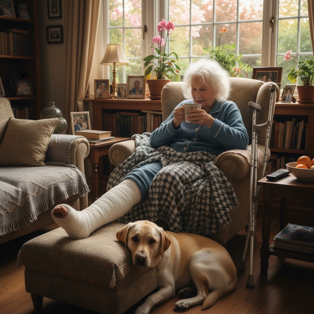 Starsza kobieta z gipsem na nodze, zdjęcie w domu