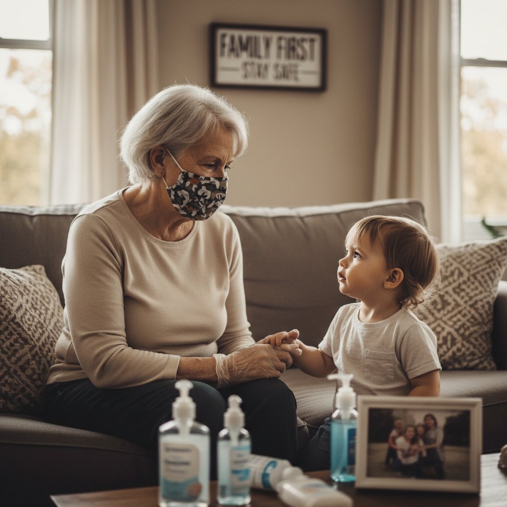 Zdjęcie starszej osoby z maską ochronną, wnuk obok, domowa sceneria, słowa kluczowe: adenowirus, grupa ryzyka, ochrona seniorów