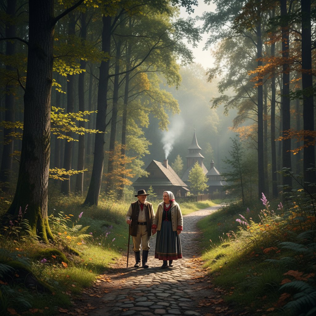 Starsi ludzie spacerujący w zielonej polskiej wsi wśród drzew