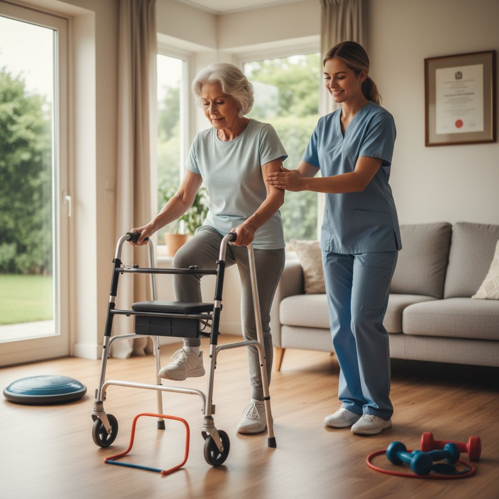 Starsza osoba ćwicząca ruchomość ręki w domu podczas rehabilitacji