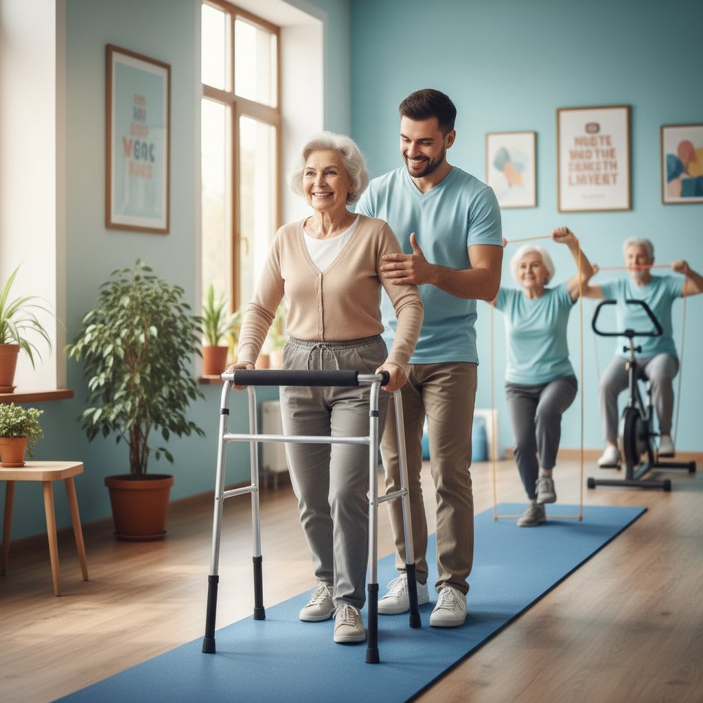 Seniorzy podczas ćwiczeń rehabilitacyjnych, wsparcie opiekuna, pozytywna atmosfera, ocena geriatryczna