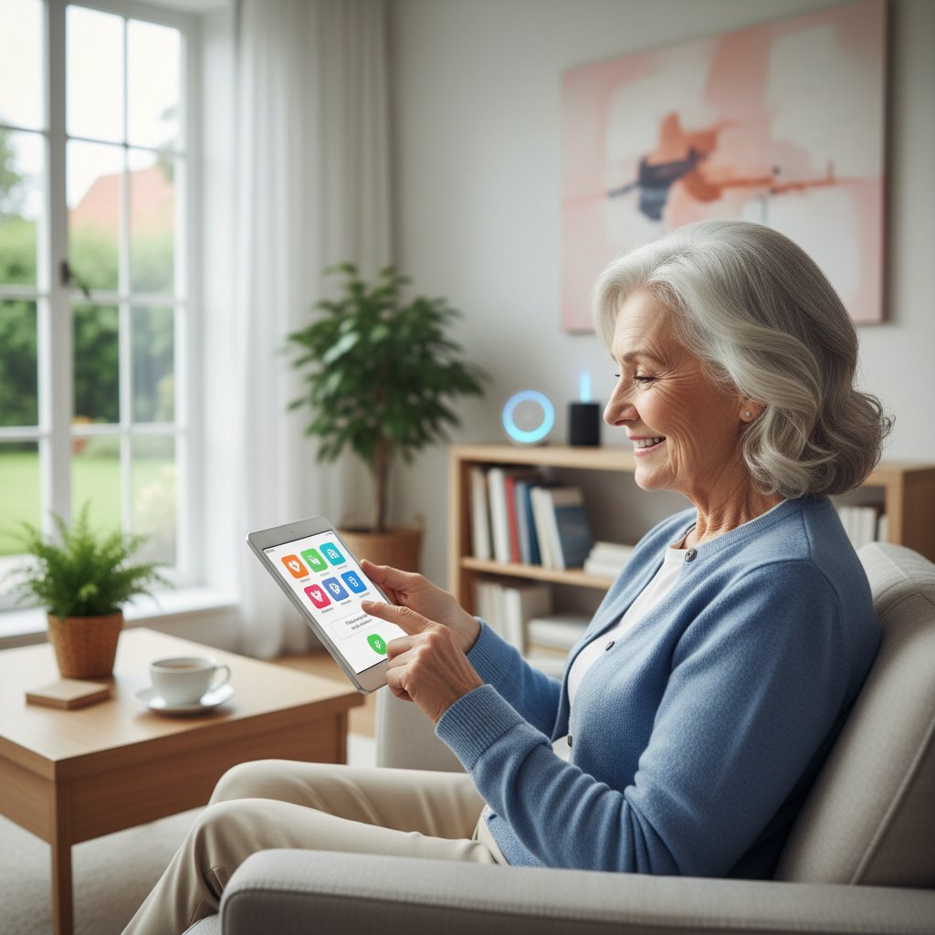 Senior z tabletem używający aplikacji zdrowotnej, nowoczesna technologia w domu, ocena geriatryczna