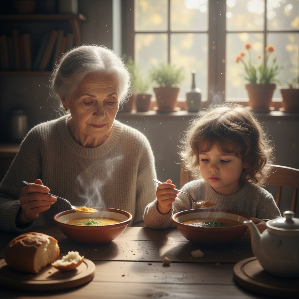 Starsza kobieta i dziecko jedzące przy stole, oboje z zamyślonymi minami — wpływ wieku na smak