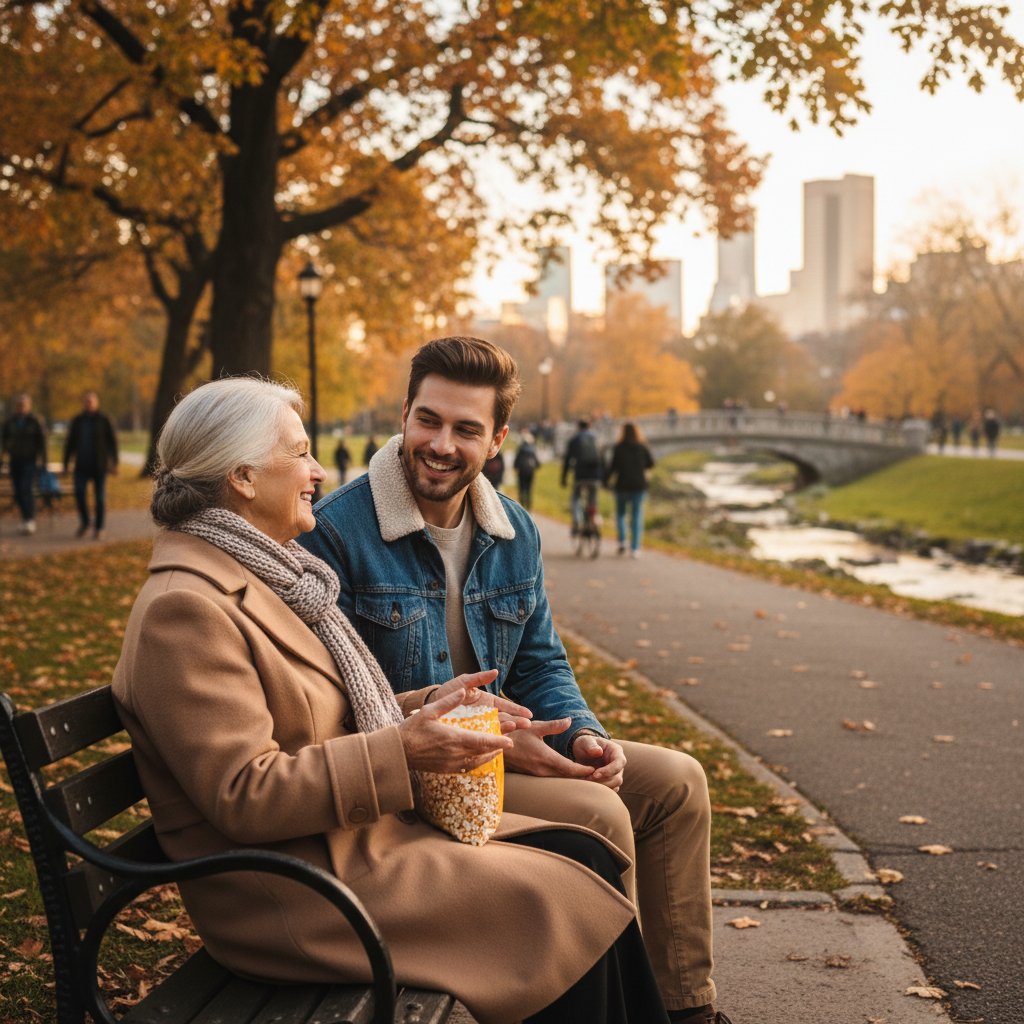 Senior rozmawiający z młodszą osobą na ławce, energia i wymiana doświadczeń