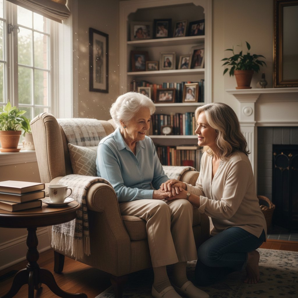 Codzienność opiekuna: starsza kobieta i jej zmęczony opiekun w domowym wnętrzu