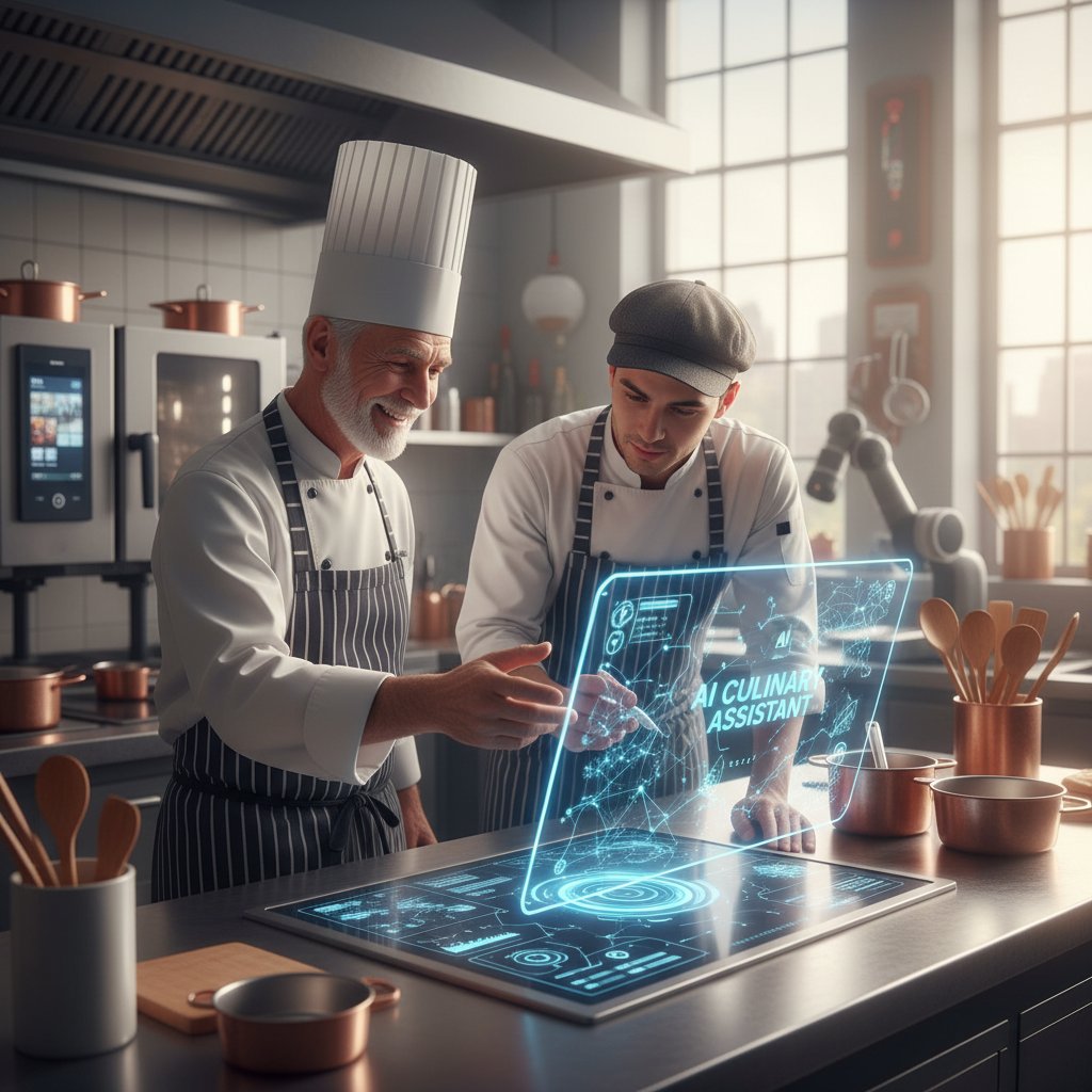 Starszy kucharz uczący młodego pracownika korzystania z technologii AI, pokolenia spotykają się w kuchni