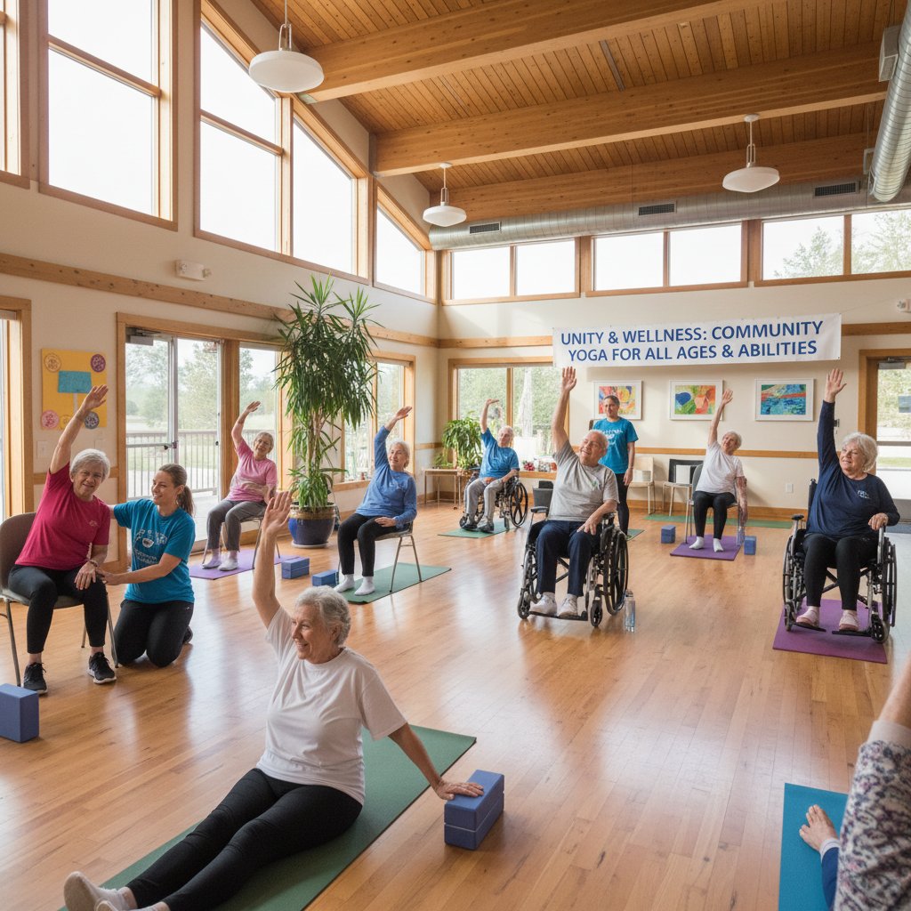 Seniorzy i osoby z niepełnosprawnościami ćwiczący jogę razem, wsparcie w centrum społecznościowym
