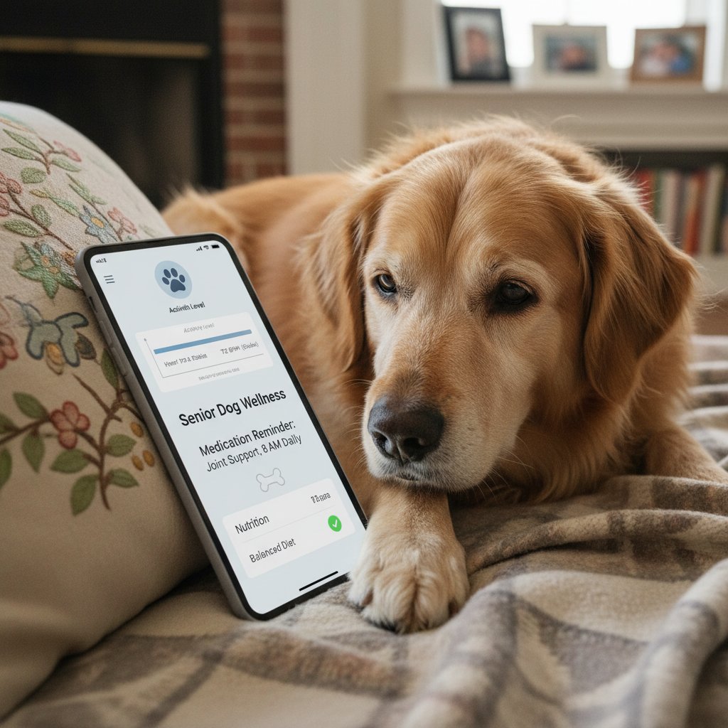 Starszy pies obok smartfona z aplikacją monitorującą zdrowie, nowoczesna technologia opieki nad psem seniorem