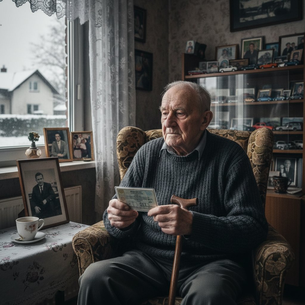 Starszy kierowca w domu, zamyślony, bez prawa jazdy, samotność, Polska, konsekwencje społeczne