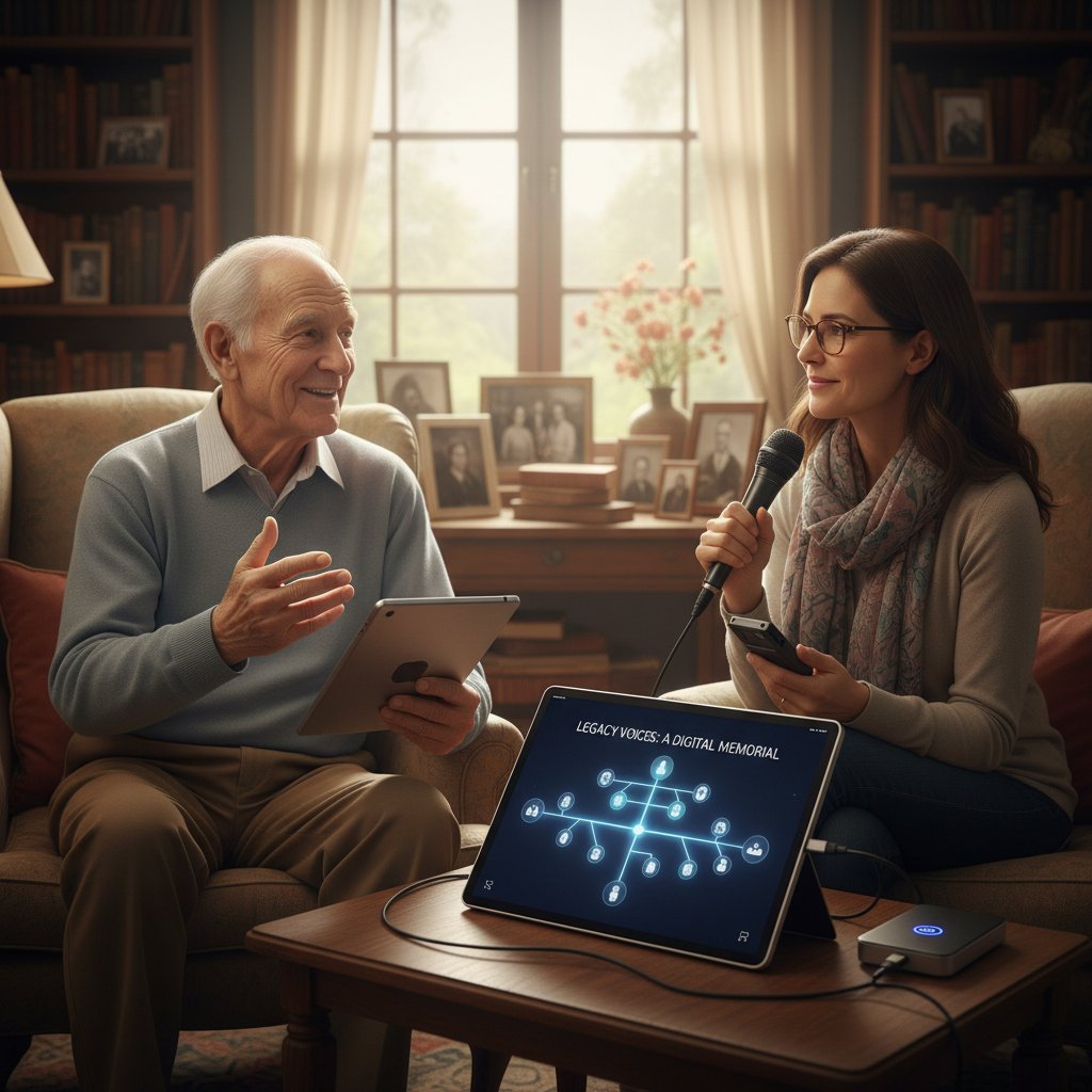 Elderly father and adult daughter recording stories together, legacy digital memorial conversations elderly care use case