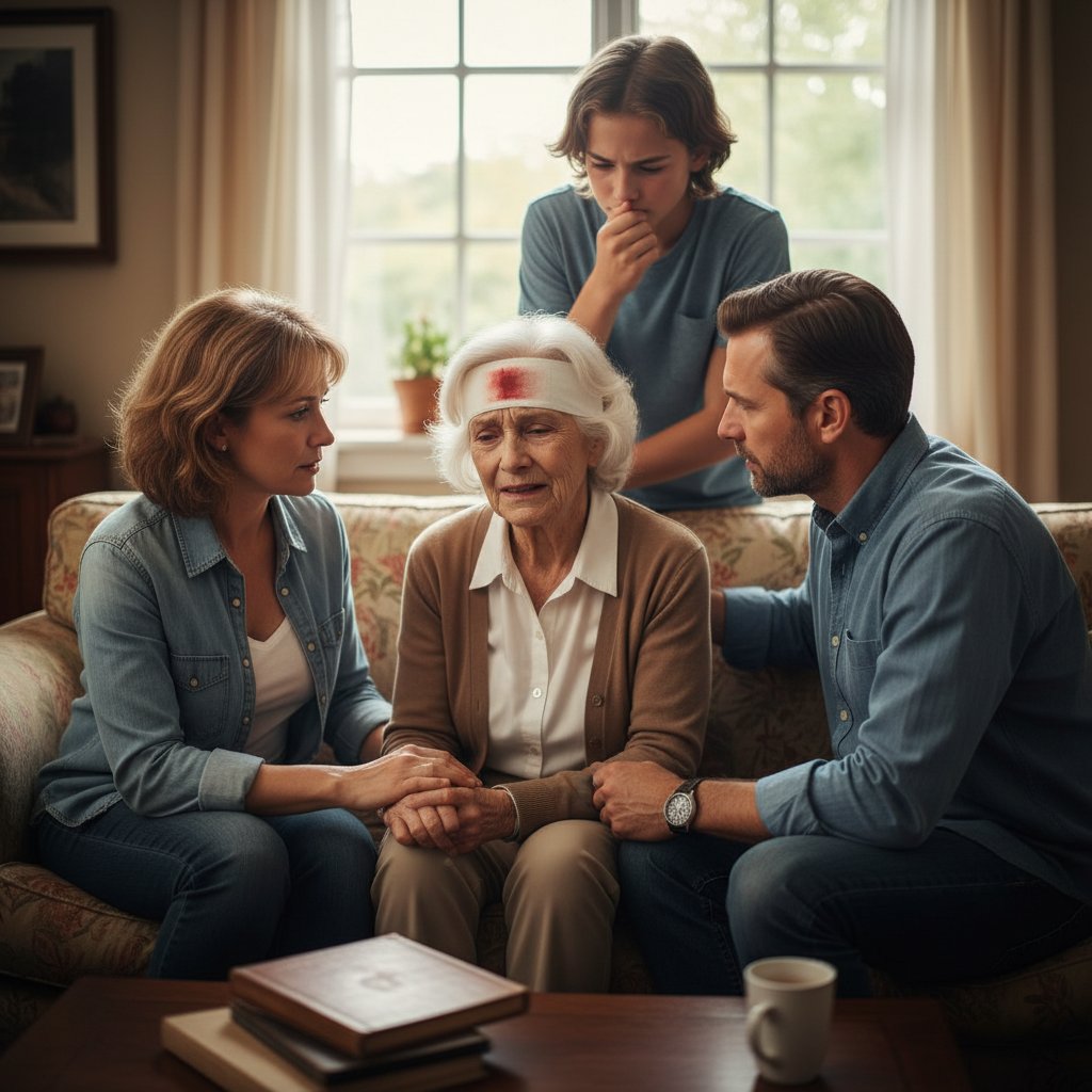 Fotografia starszej kobiety po upadku z urazem głowy, domowe wnętrze, zmartwiona rodzina