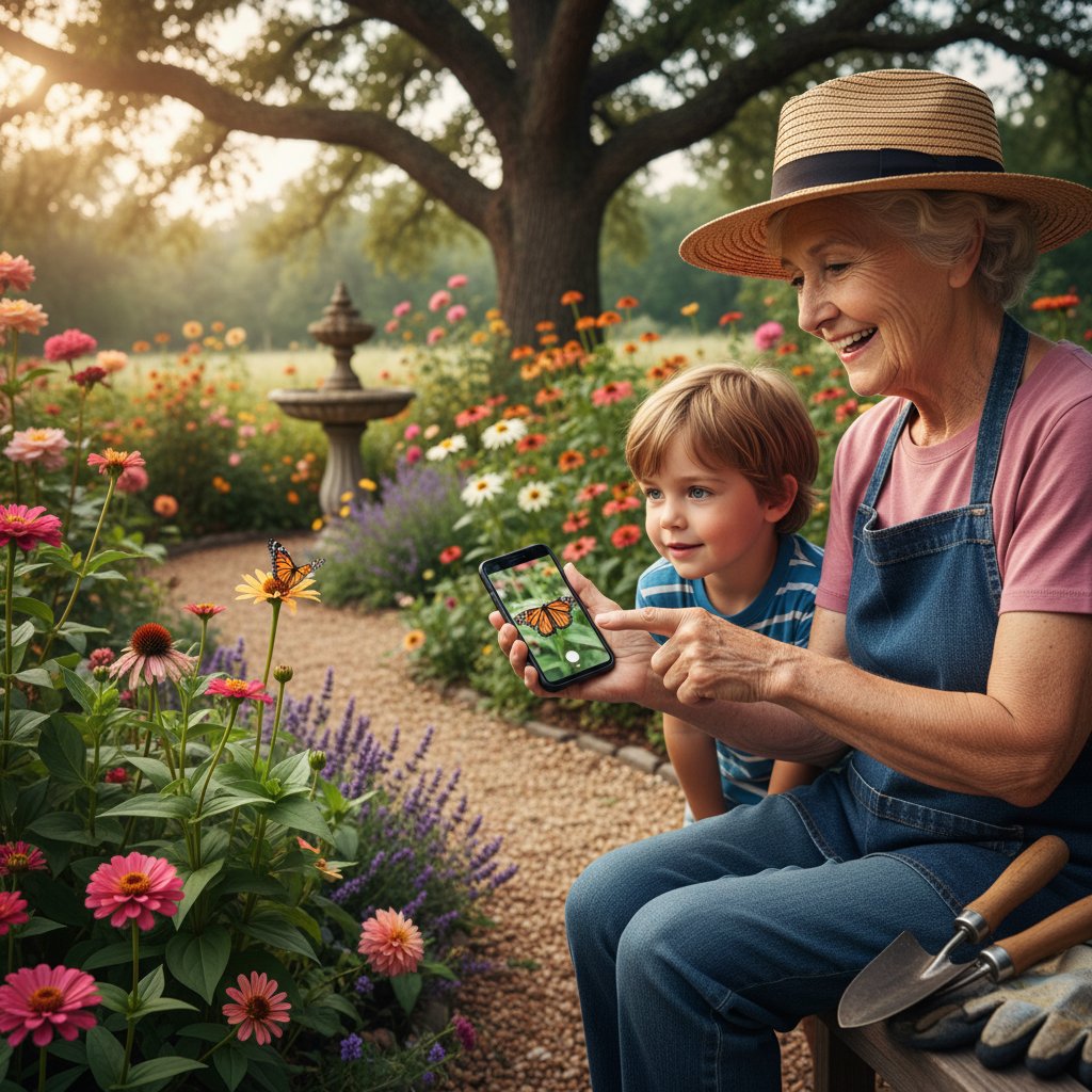 Starszy ogrodnik pokazujący wnukowi jak korzystać ze smartfona w ogrodzie