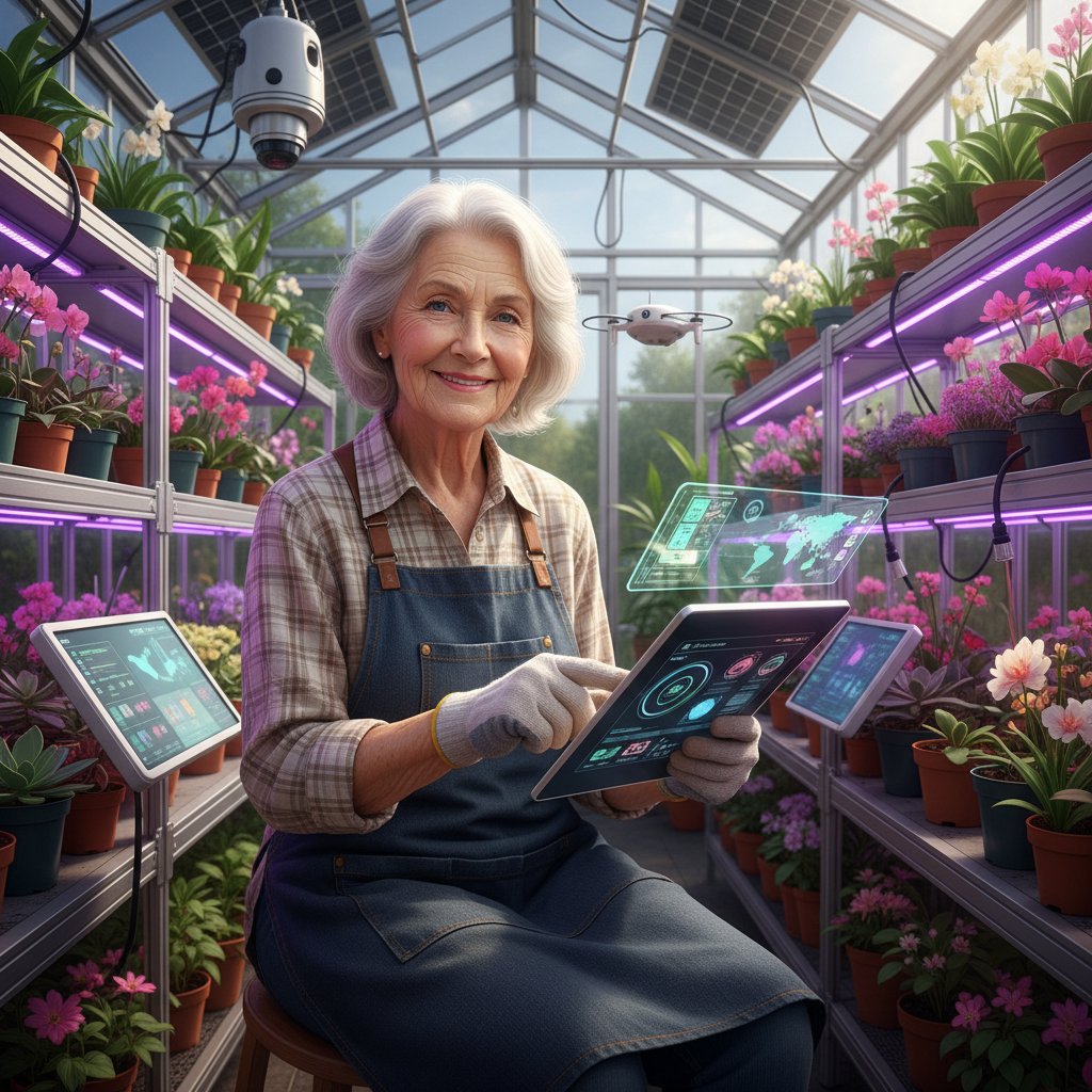 Starszy ogrodnik korzystający z tabletu w szklarni, wokół nowoczesne urządzenia ogrodnicze