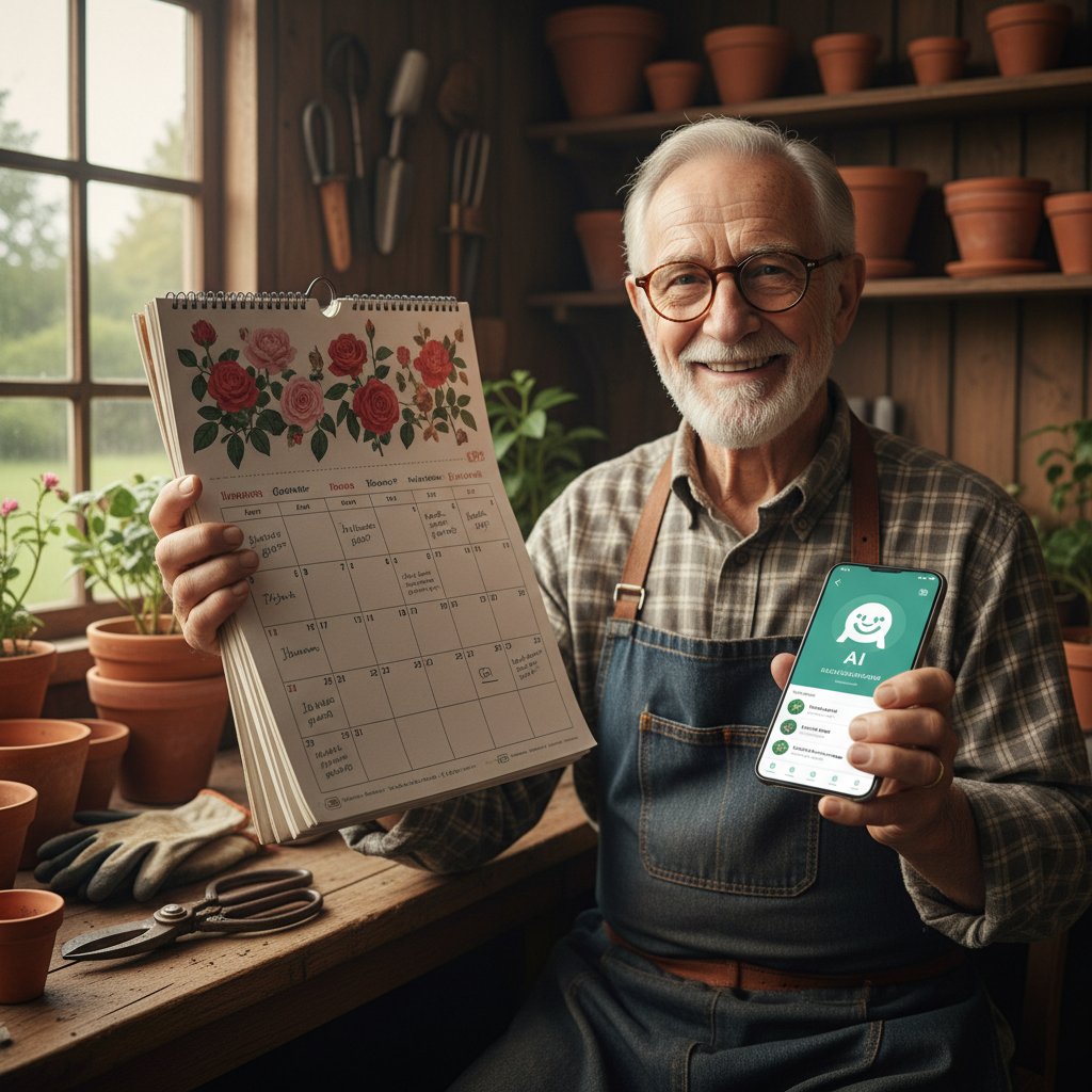 Starszy ogrodnik porównujący kalendarz papierowy i aplikację AI na smartfonie