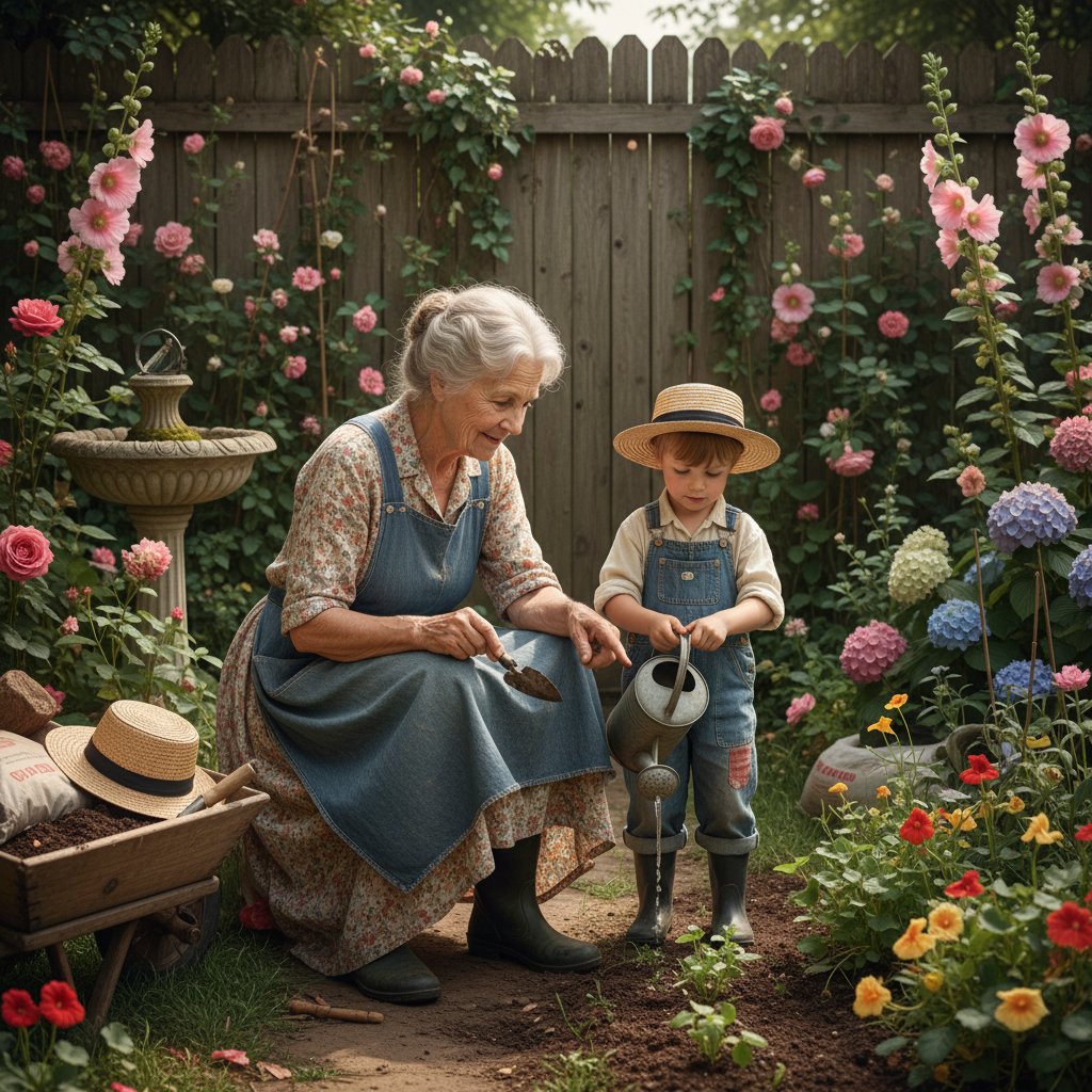 Tradycyjne ogrodnictwo wraca do łask, starszy ogrodnik uczy dziecko