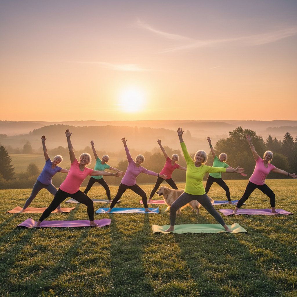 Seniorzy ćwiczący jogę na świeżym powietrzu o świcie, promujący aktywny styl życia