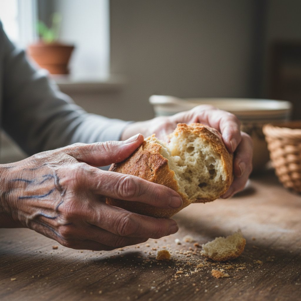 Zbliżenie na dłonie starszej osoby z widocznymi żyłami, trzymającej kawałek chleba, styl dokumentalny