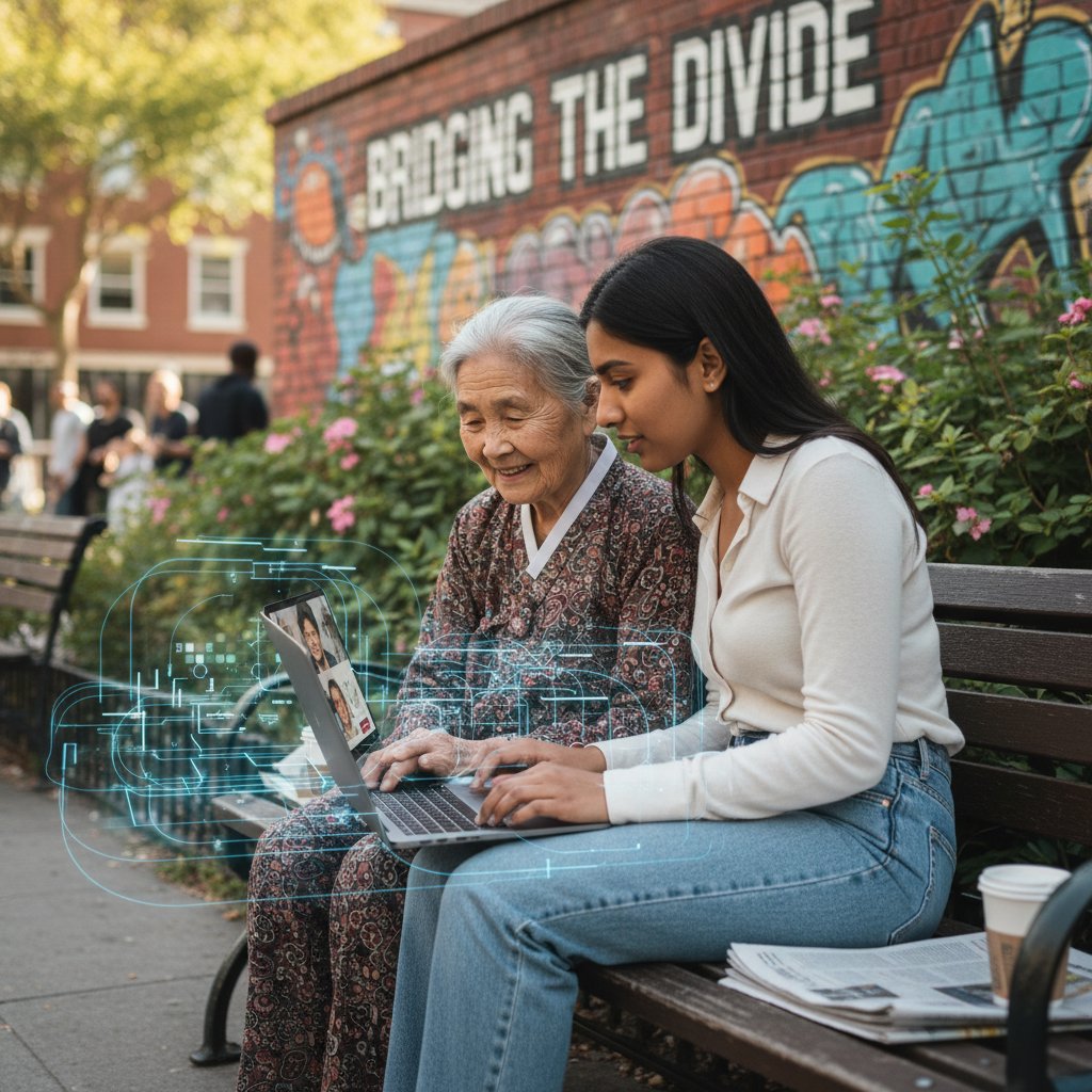 Zdjęcie starszego imigranta patrzącego na młodszą osobę pomagającą przy komputerze, symbol przepaści cyfrowej i współpracy międzypokoleniowej