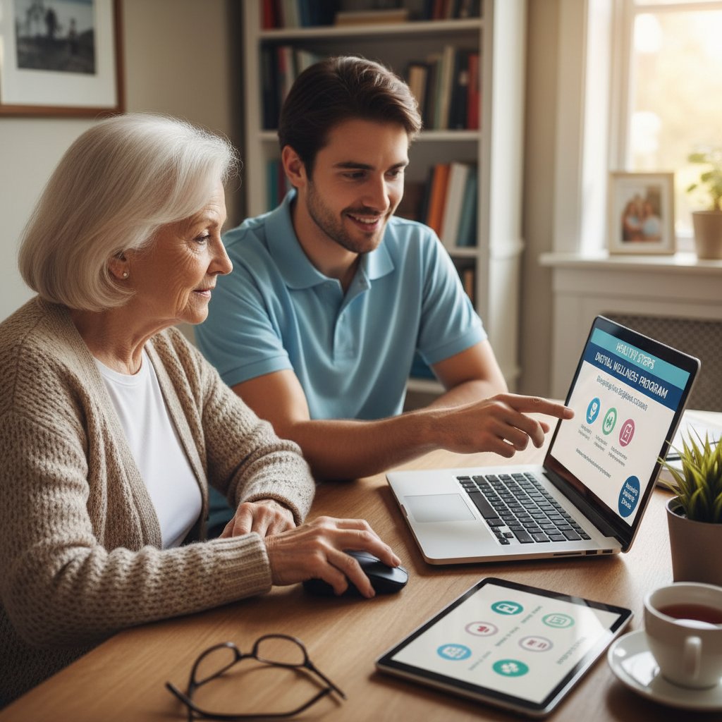 Osoby starsze uczące się obsługi komputera, symbolizujące wykluczenie cyfrowe i potrzebę wsparcia