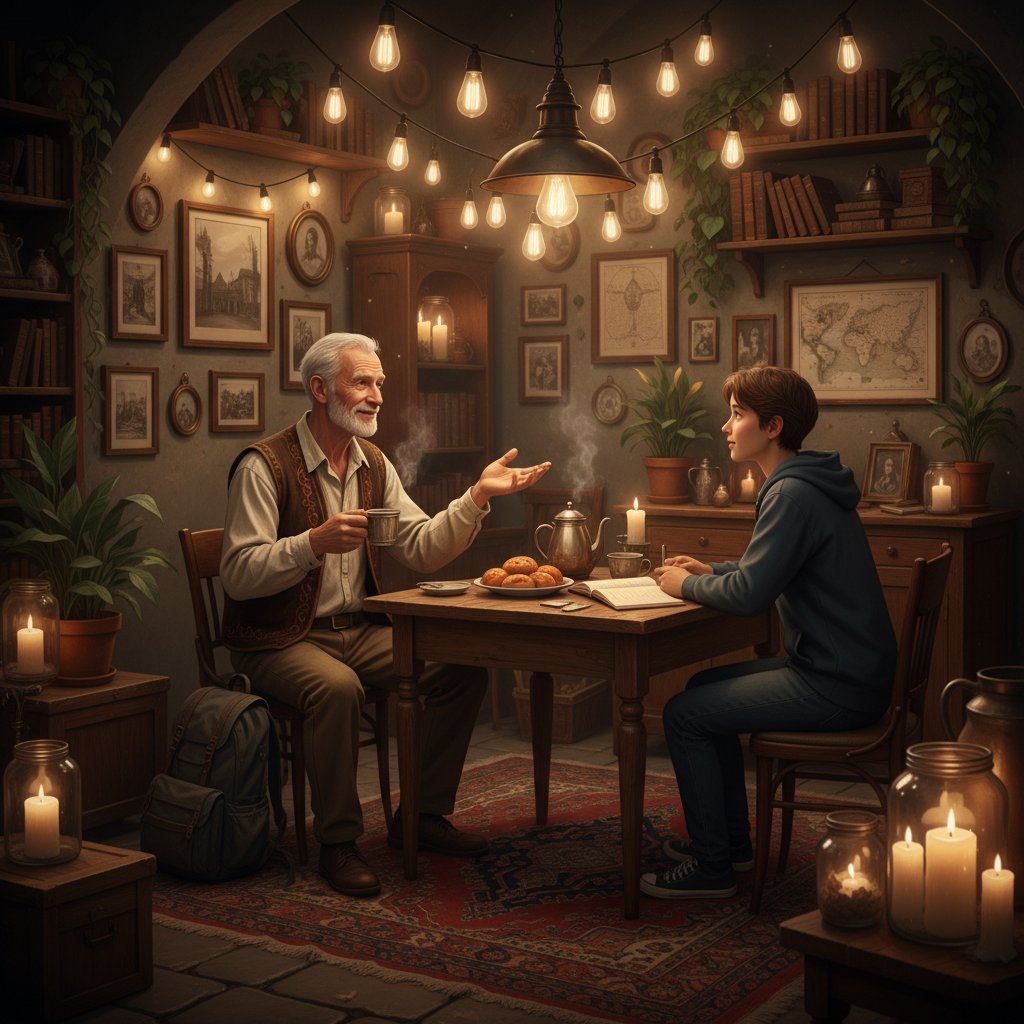 An elderly local guide sharing stories with a traveler in a hidden café, warm lighting, representing the irreplaceable human touch in travel