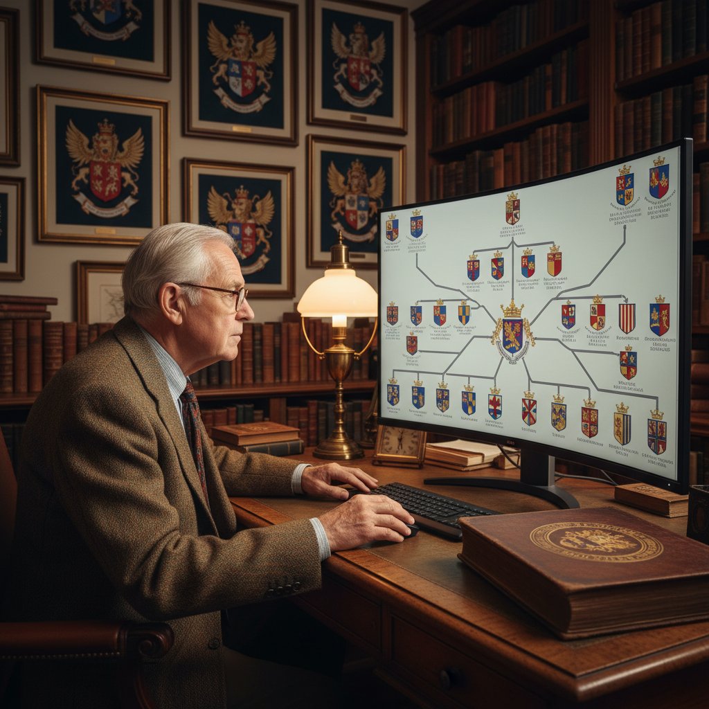 Starszy mężczyzna analizujący drzewo genealogiczne z herbami na ekranie komputera, atmosfera skupienia