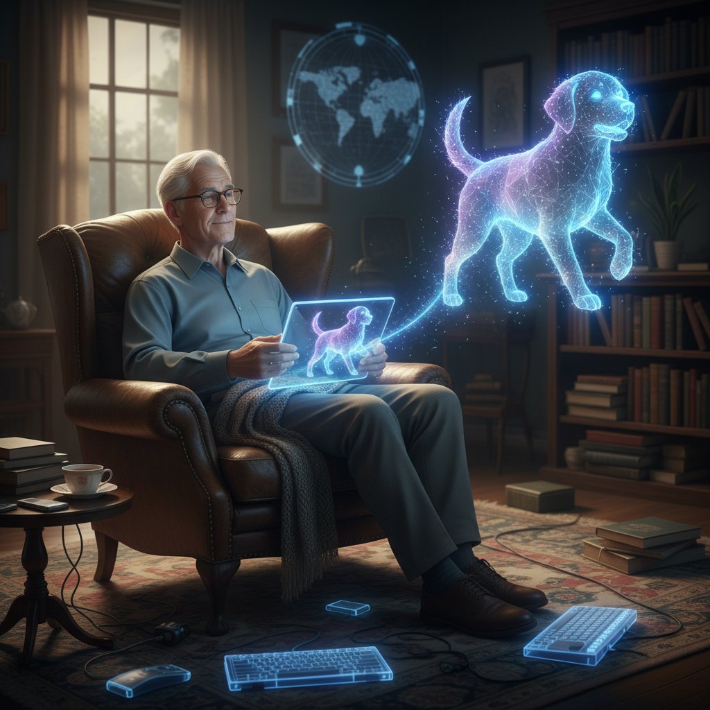 Älterer Mann sitzt im Sessel, lacht über einen virtuellen Hund auf seinem Tablet – Mischung aus Nähe und technischer Distanz
