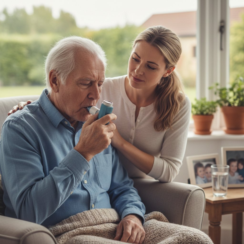 Starszy mężczyzna z astmą korzystający z inhalatora, wsparcie bliskiej osoby