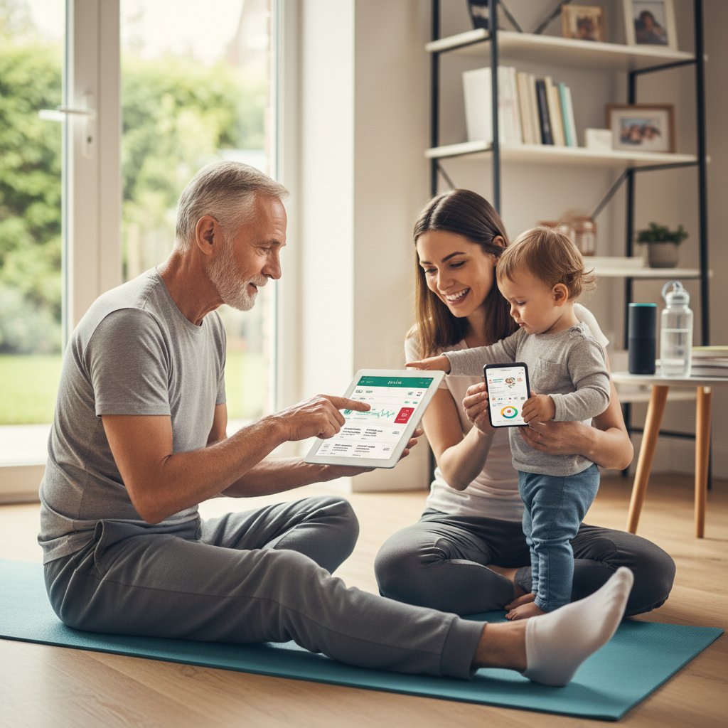 Starszy mężczyzna, sportowiec i matka z dzieckiem korzystający z aplikacji zdrowotnych, domowe otoczenie, słowa kluczowe: aplikacje do kontroli ciśnienia, historie użytkowników
