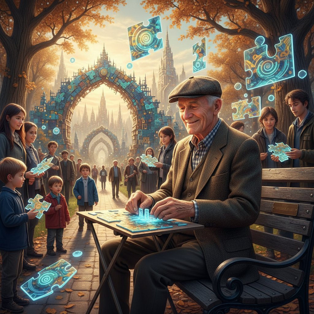 Starszy mężczyzna w okularach na ławce w miejskim parku, zamyślony, elementy układanki w tle