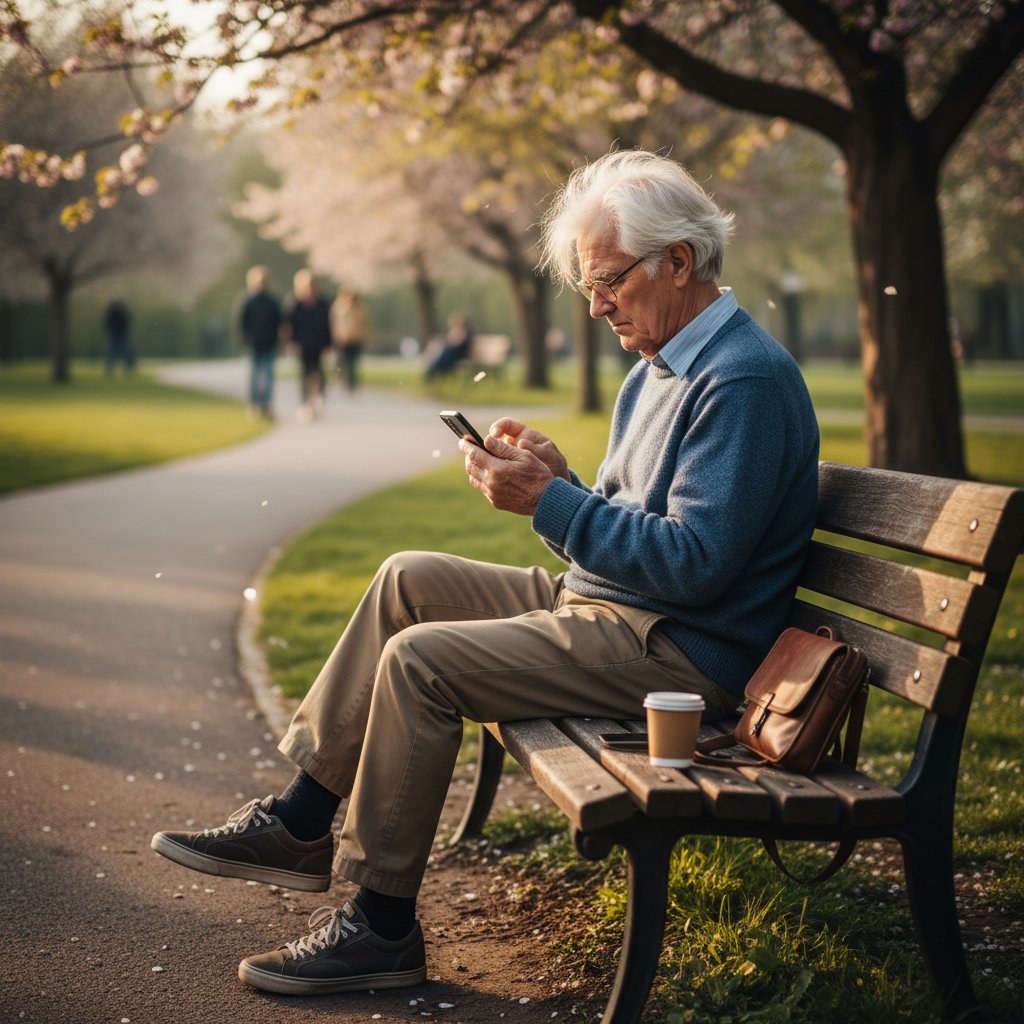 Starszy mężczyzna na ławce w parku z telefonem, symbolizujący przełamywanie barier cyfrowych na wsi