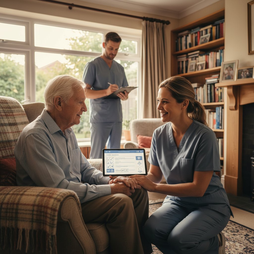 Starszy mężczyzna z opiekunem, wsparcie po ocenie geriatrycznej, domowa scena, nowe życie seniora