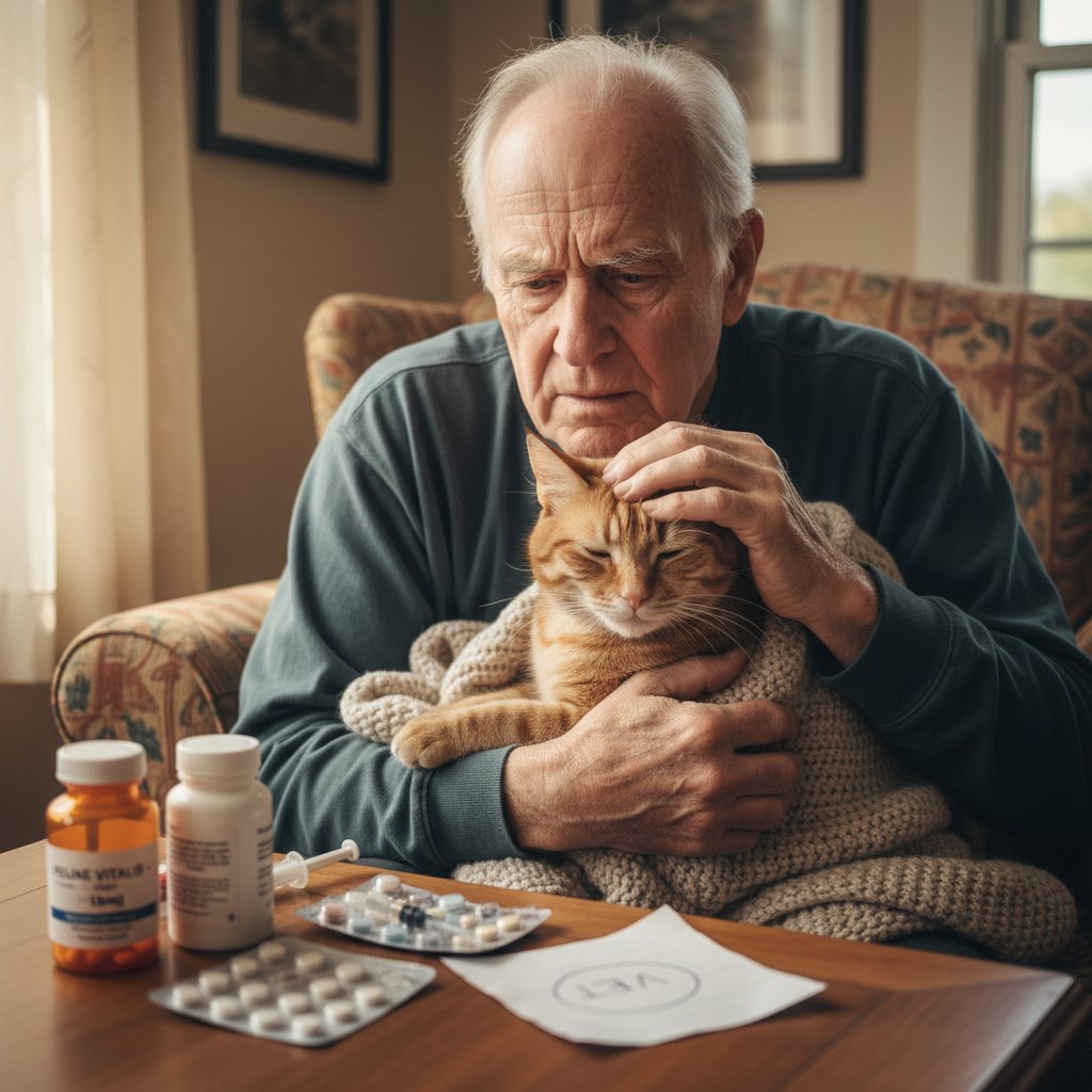 Starszy mężczyzna patrzący z niepokojem na kota przy rozrzuconych lekach, wnętrze mieszkania