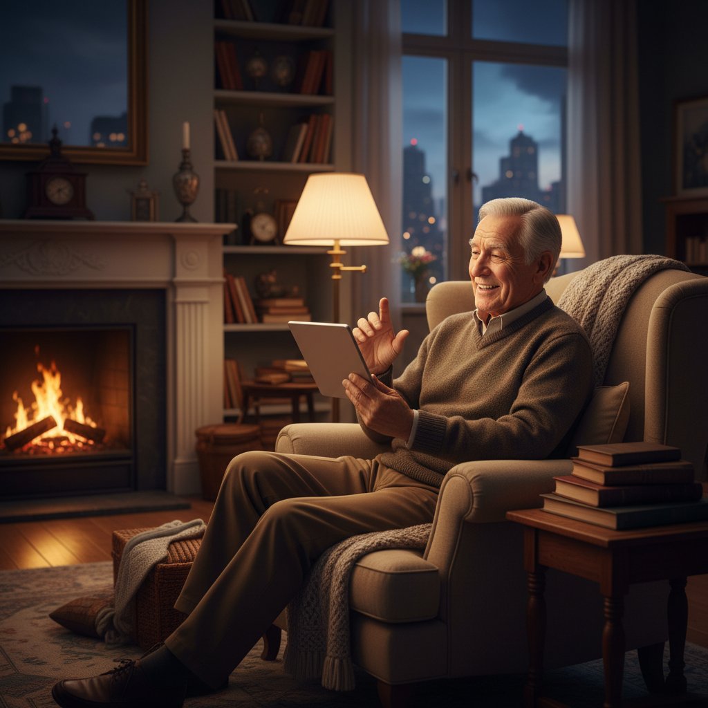 Ein Senior nutzt eine Chat-App auf dem Tablet – moderne digitale Begleitung.